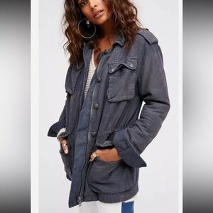 Free People Not Your Brothers Slate Blue Trench/Military Jacket S